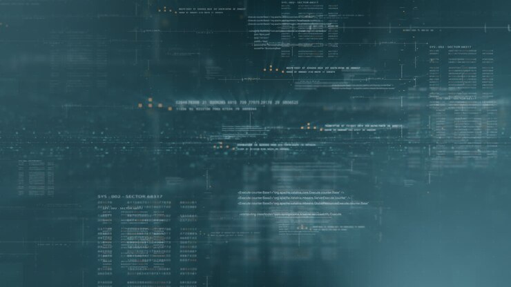 Futuristische Simulation eines 5G-Netzwerkkonzepts mit Künstlicher Intelligenz, Quantenphysik-Matrixpartikeln, Deep Learning und analytischen Berechnungen, dargestellt als Head-up-Display-Schleifenhintergrund.