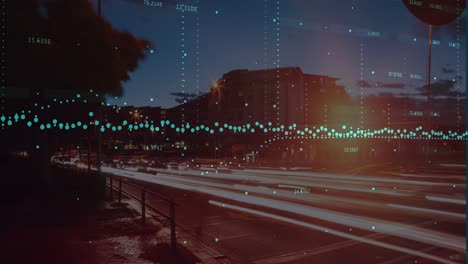 animation of graph and data processing over road and cityscape at night