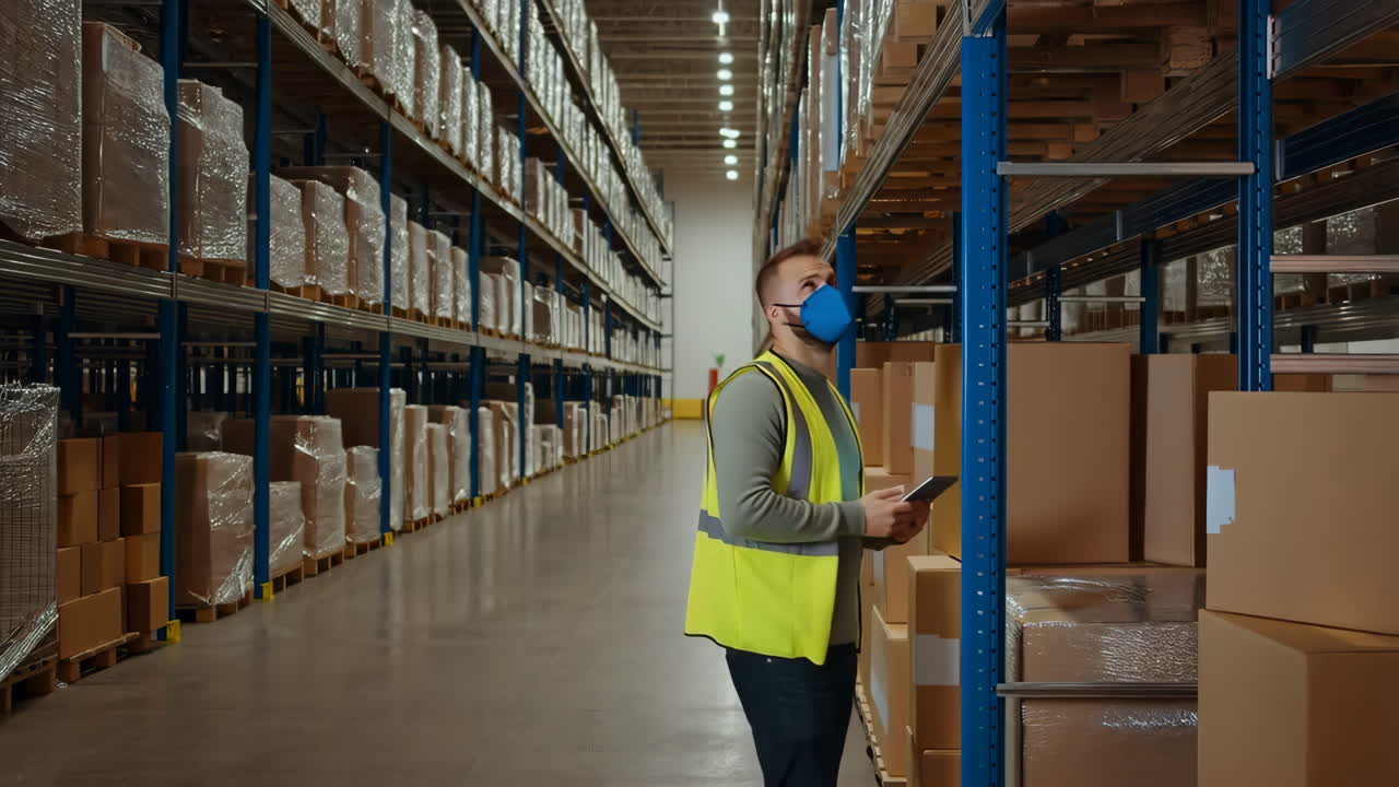 Man working in a large warehouse with shelves stacked with boxes