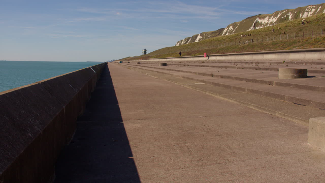 Extra wide shot looking west up the English Channel sea defences at sapphire hoe Country Park sea