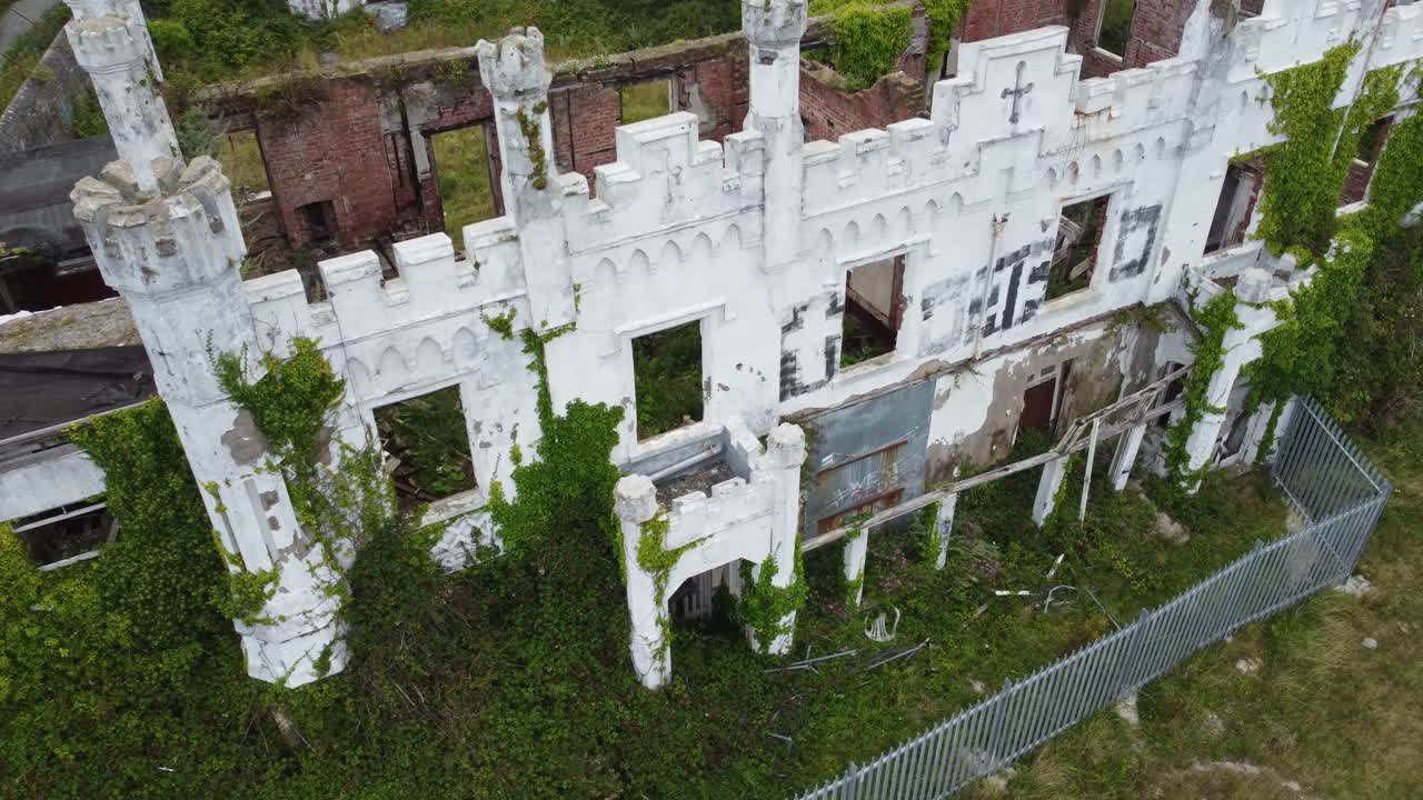 Soldiers point house aerial view circling abandoned Holyhead castle hotel mansion rampart rooftop