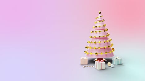 Animation-of-spinning-christmas-tree-and-presents-on-gradient-pink-background