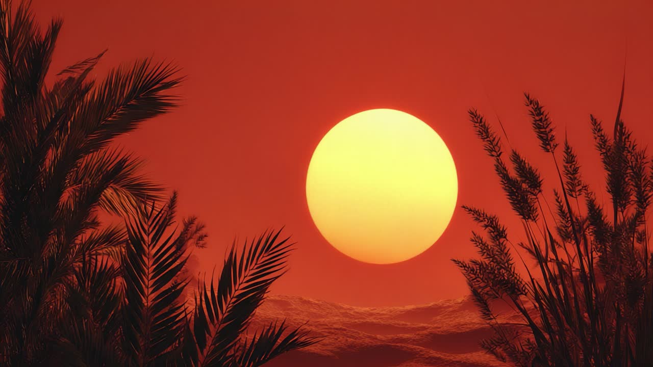 Kiehtova auringonlasku rauhallisen maiseman yllä, esittäen rehevää siluettikasvillisuutta eloisaa taivasta vasten, joka muuttuu tulipunaisesta kullankeltaiseksi.