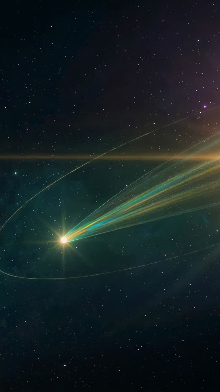 Vertical video: Reacting to bright sun, comet moving toward sun in deep space, lens flare crossing