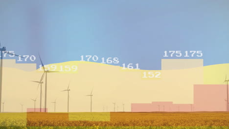 Animation-of-data-processing-and-diagrams-over-wind-turbines-on-field