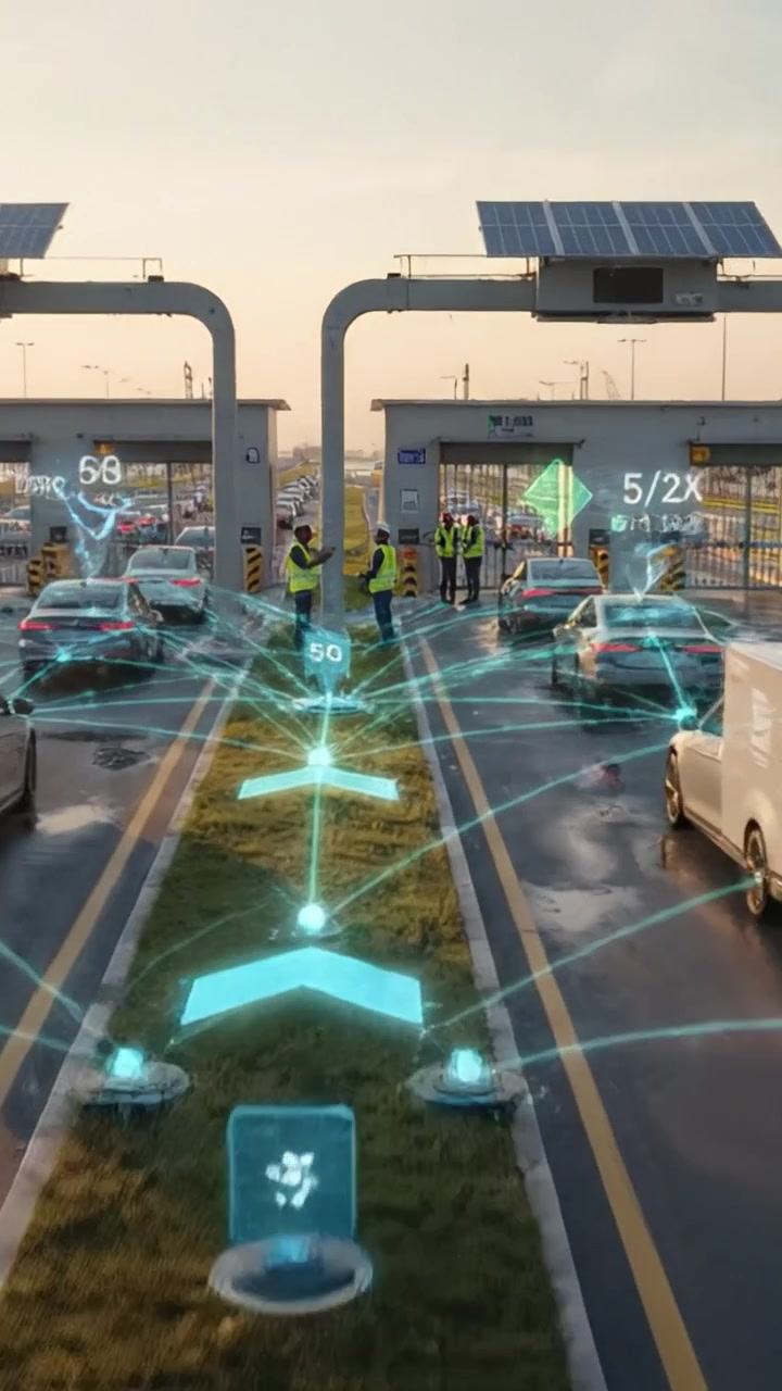 Veicoli in attesa di passaggio attraverso una stazione di pedaggio ad alta tecnologia con lavoratori che monitorano il flusso del traffico e implementano la tecnologia 5G per l'efficienza.
