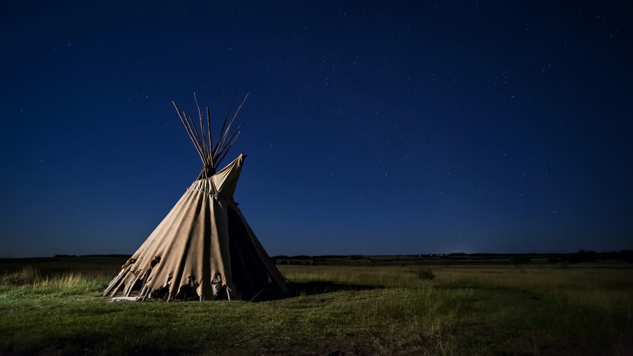 Tipi unter einem Sternenhimmel in einem weiten Feld