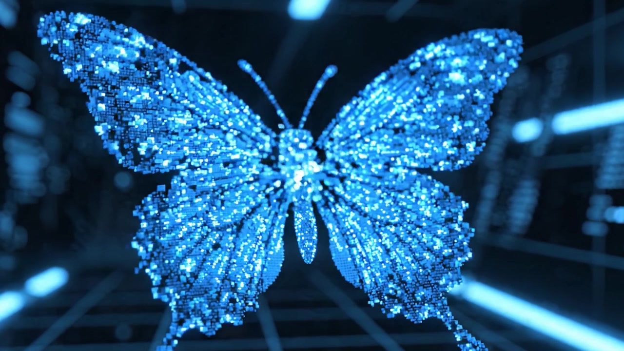 A Stunning Visual of a Digital Butterfly in a Pixelated Environment, Capturing the Elegance and Fragility of Nature through Innovative Technology and Creativity.