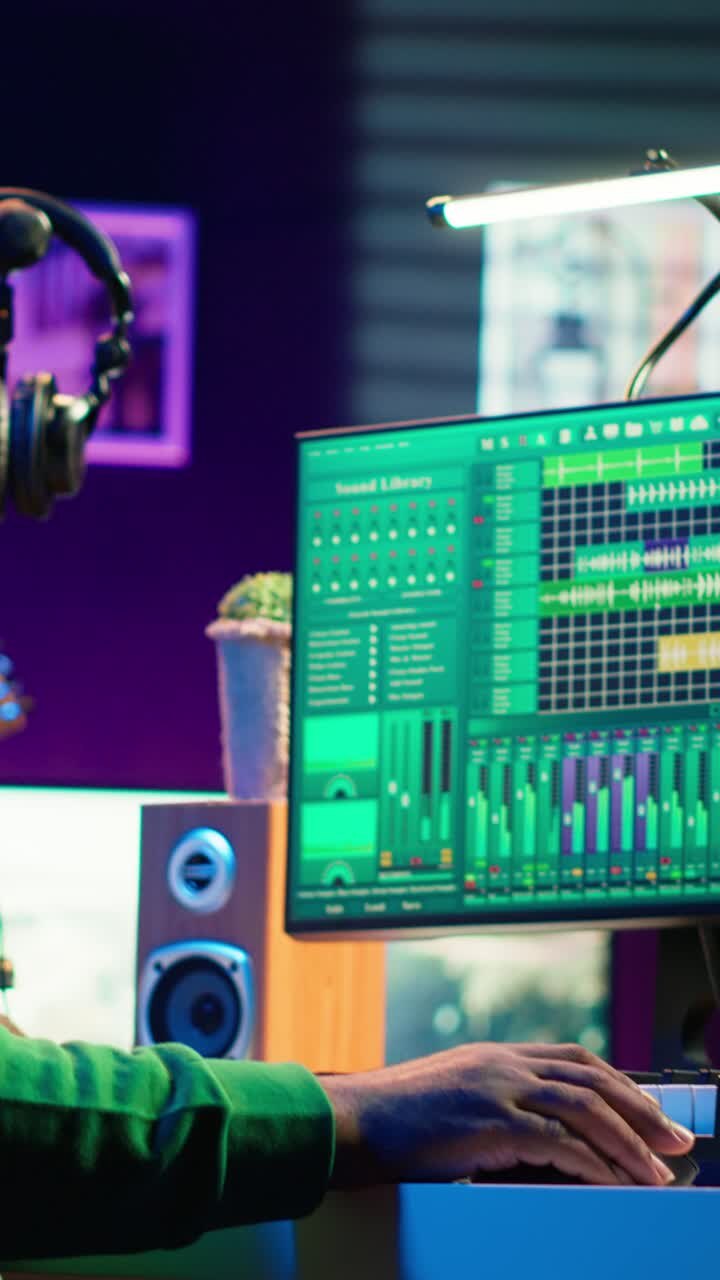 Musikproduzent spielt MIDI-Keyboard und komponiert Song im Heimstudio