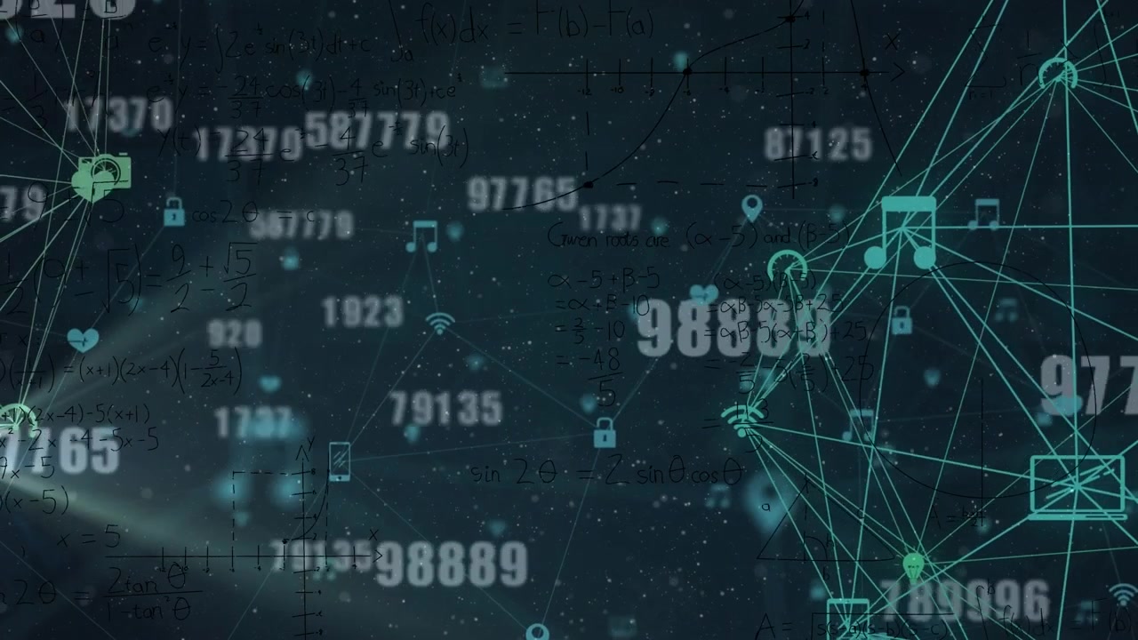 Animation of numbers and connections on black background