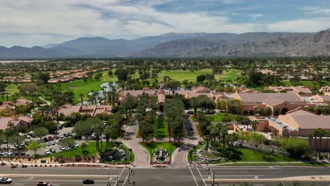 low aerial view flying over the entrance of the westin rancho mirage golf resort and spa near palm springs california