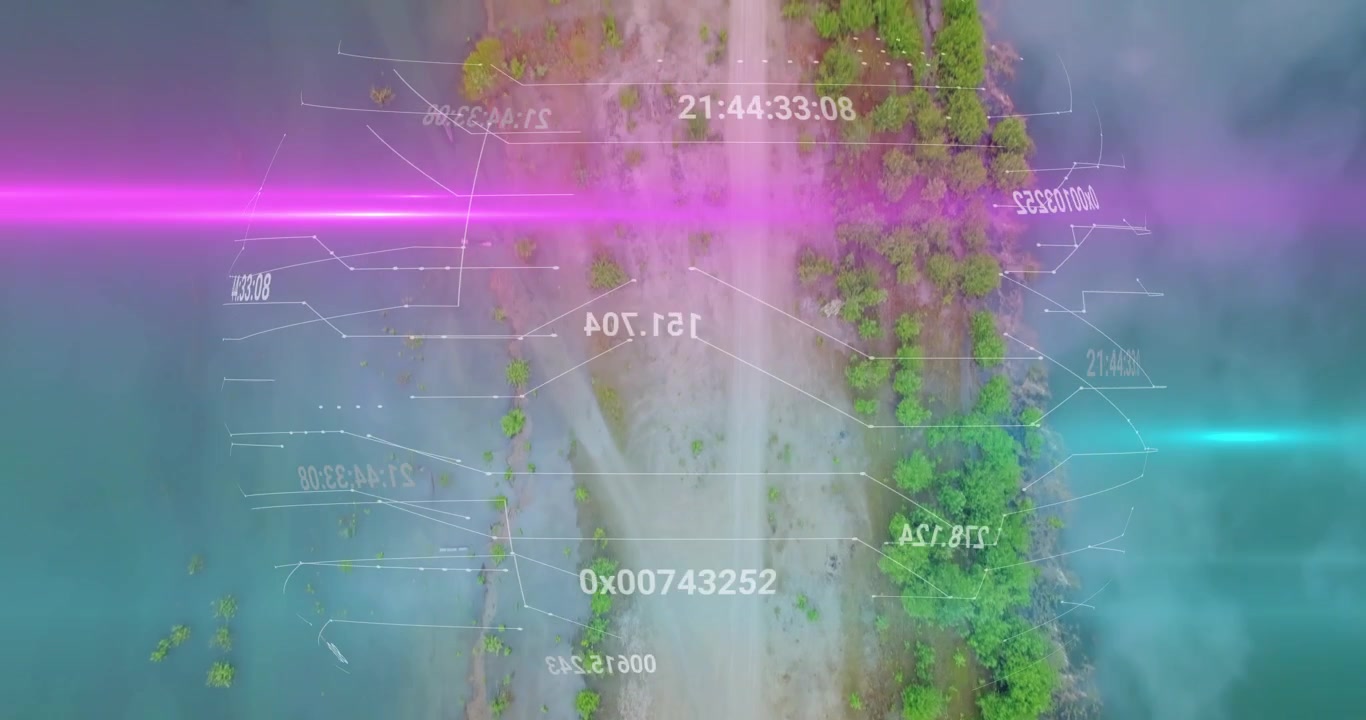 Magenta streak starting HUD while camera moving along sandbar, updating data for coastal survey