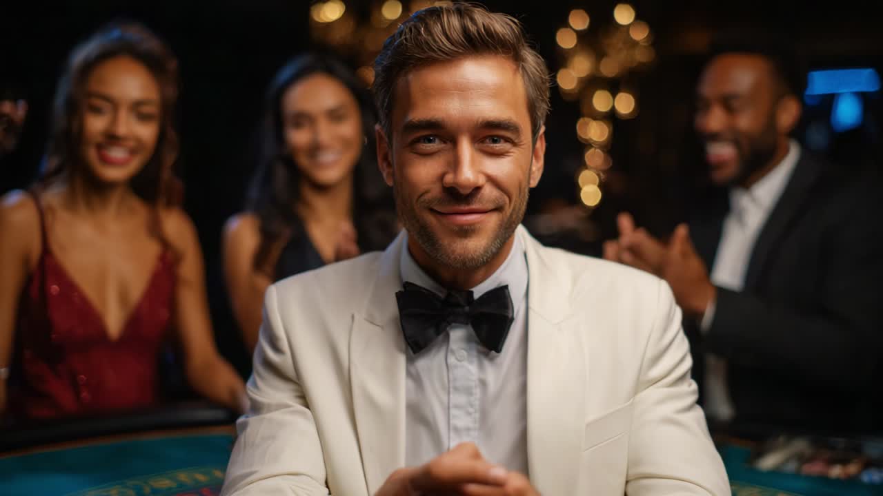 A Confident Gambler Smiling at the Casino Table Surrounded by Friends, Capturing the Thrill of High Stakes and the Excitement of a Glamorous Night of Gaming and Socializing in Style