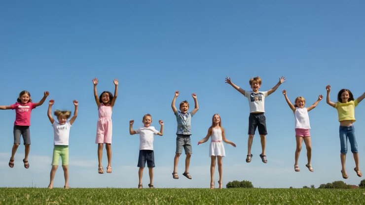 A Group of Children Joyfully Jumping in Unison Against a Clear Blue Sky, Capturing the Essence of Childhood Fun and Celebration in a Vibrant Outdoor Setting
