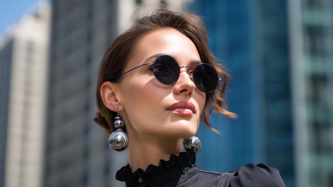 Fashionista estilosa exibe óculos e acessórios modernos contra um cenário urbano, destacando elegância e sofisticação no estilo urbano contemporâneo