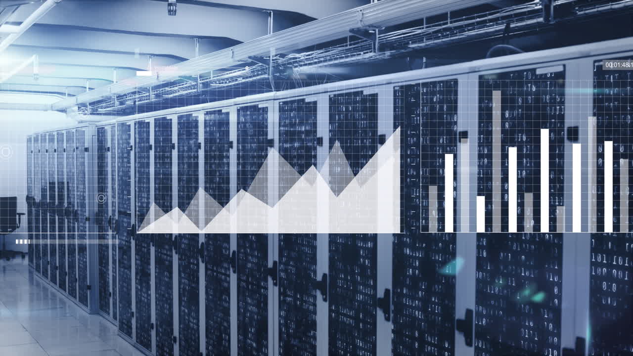 Animation of screens with statistical data processing and mosaic squares over computer server room