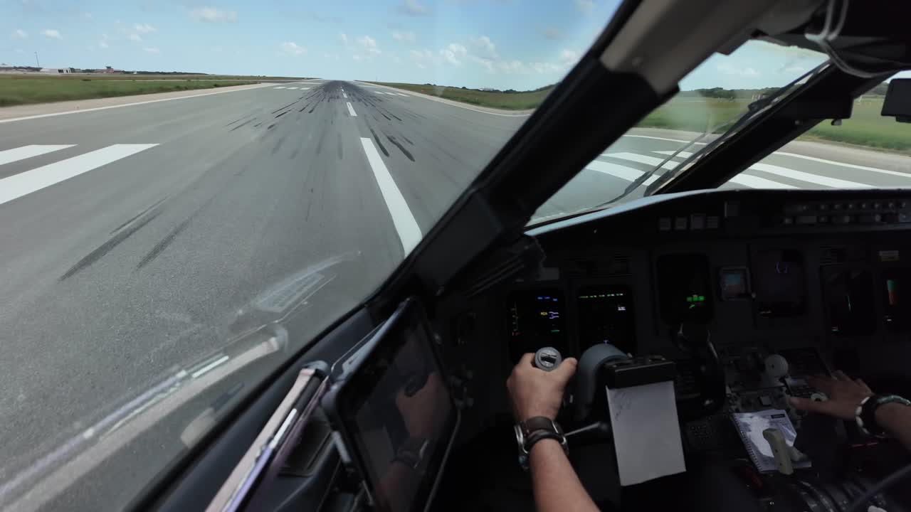A Pilot FPV in a real time takeoff through the pilot’s eyes from inside a jet cockpit, acceletaring in the initial run squence.