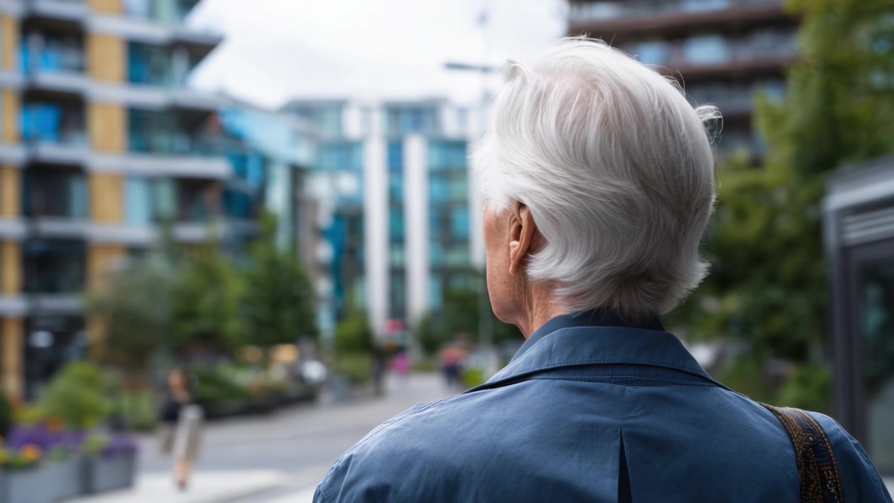 Un anziano signore pensieroso con i capelli bianchi osserva un vivace paesaggio urbano, riflettendo sulla vita tra architettura moderna e una vivace scena di strada.