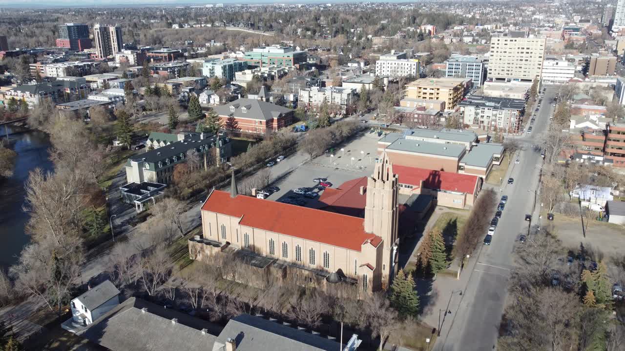 Aerial view of Calgary's inner-city neighbourhood of Mission on an early spring morning
