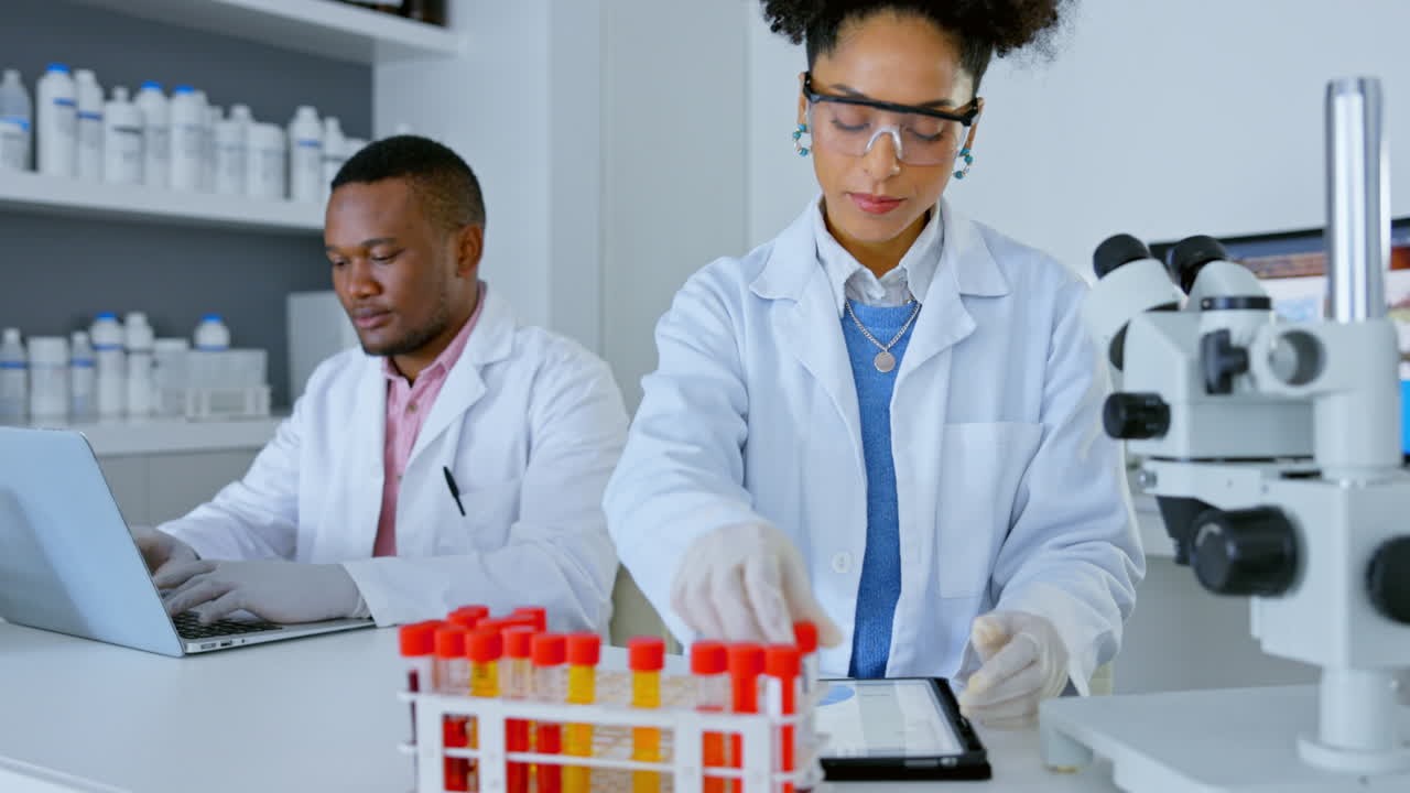 Woman, scientist and tablet with vial sample