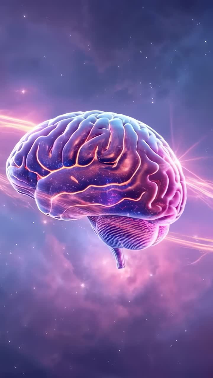 Video verticale: rendering in 3D di un cervello al neon rotante che rivela una nebulosa nello spazio e scie che creano bagliori
