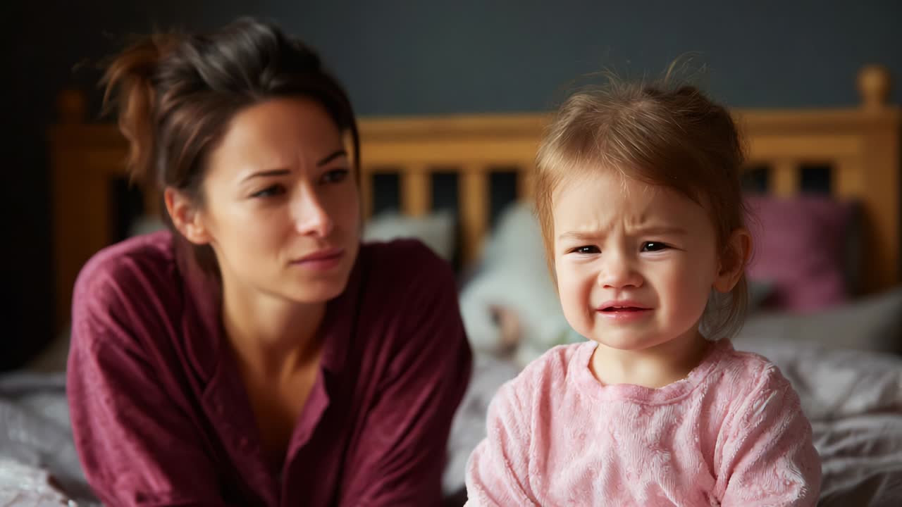 A tender yet challenging moment captured between a mother and her distressed child, highlighting the complexities of parenting, emotions, and the bond shared during difficult times in a cozy bedroom setting