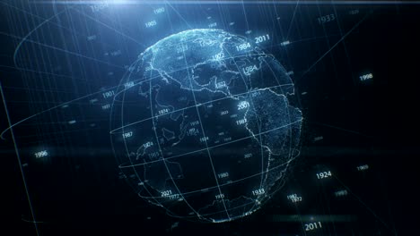 earth hologram spinning seamless with years numbers flying around. abstract beautiful looped 3d animation of cyberspace planet. futuristic business and technology concept
