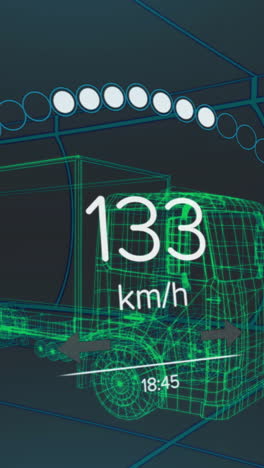 animación del velocímetro, el gps y los datos del estado de carga en la interfaz del vehículo, en un modelo de camión 3d