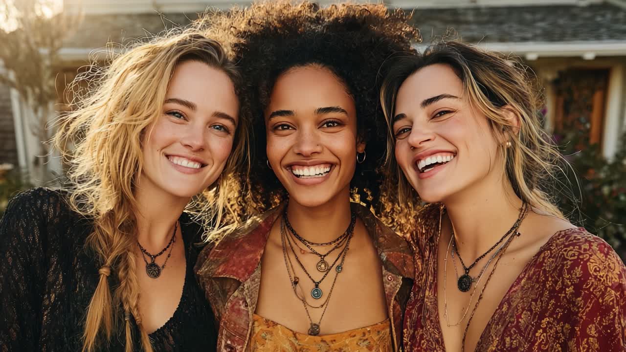 Três Amigos Desfrutando de um Momento Alegre Juntos, Capturados com Sorrisos e Beleza Natural, Exibindo Amizade e Felicidade em um Ambiente Acolhedor