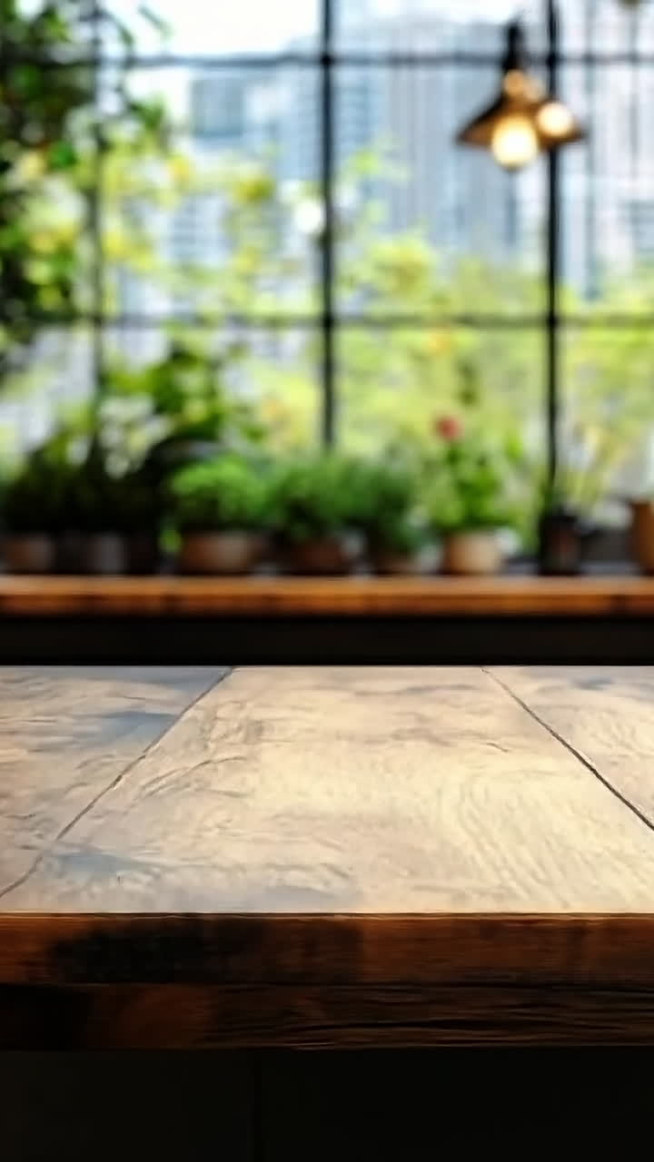 Chic kitchen with wood counter and plants. A modern kitchen boasts a polished wooden counter, lush plants, and bright light from large windows.