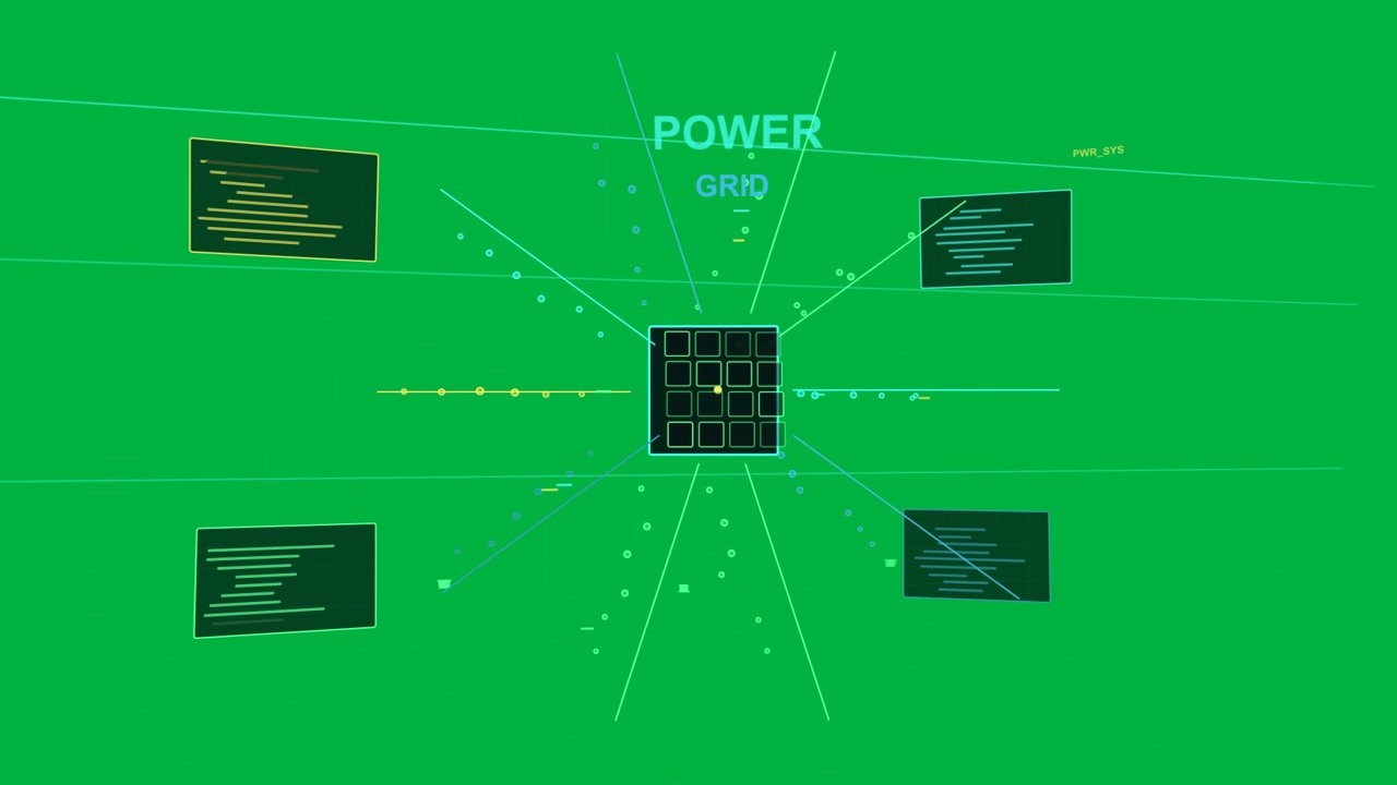 Power HUD starting from black, 3x3 hub growing, dots flowing to show power flow on transparent