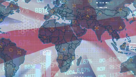 animation of financial data processing with world map over flag of uk