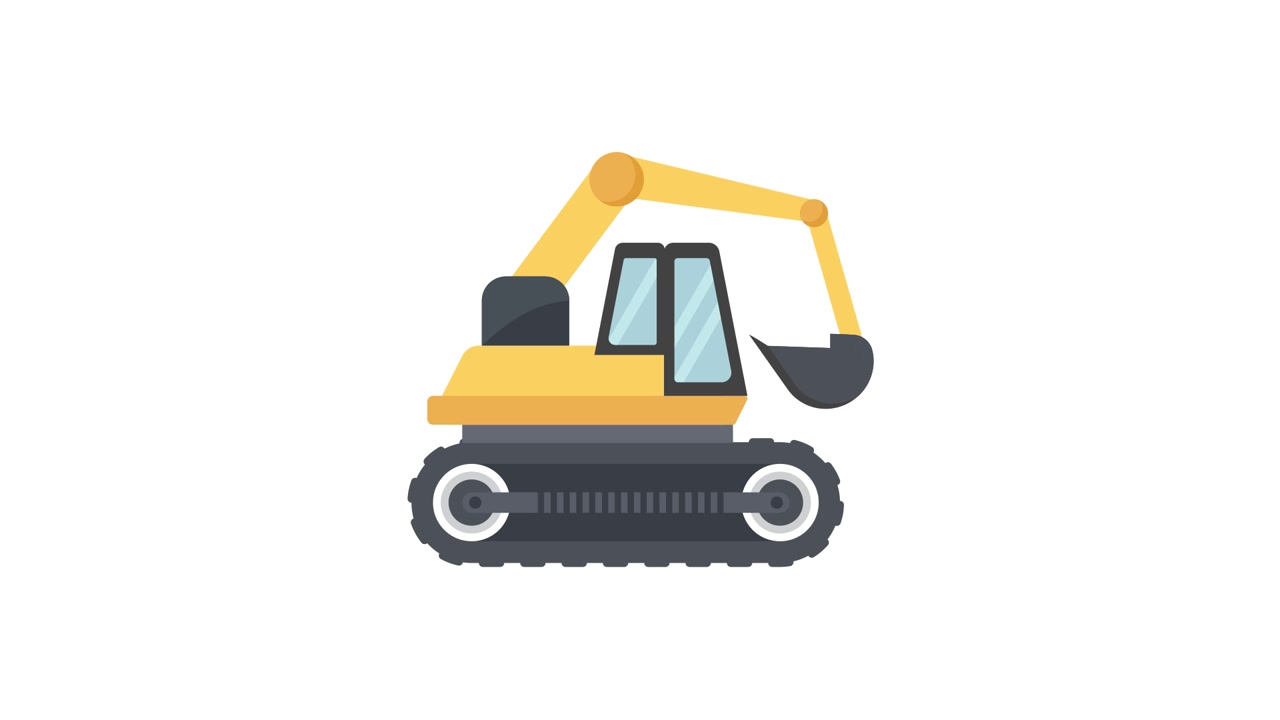 Animated Excavator Construction and Assembly on White Background