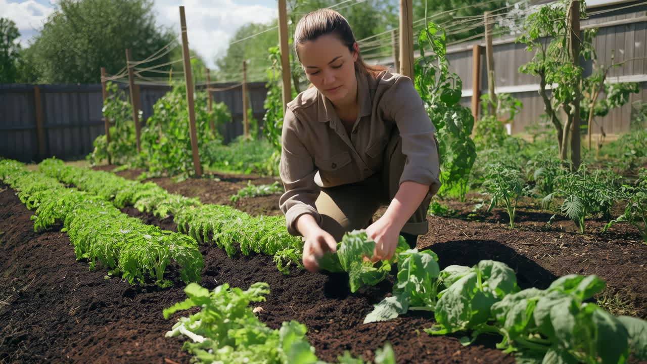 A woman tending to her garden, cultivating fresh plants