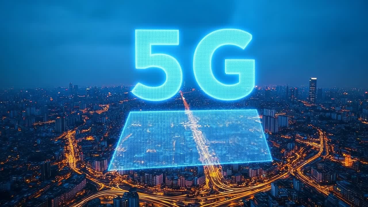 5G-lit city skyline. Neon 5G symbol lights up a lively urban scene at dusk, highlighting advances in communication technology.