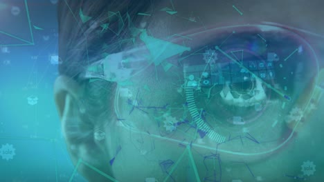 animación de redes de plexo en primer plano de una mujer que usa gafas futuristas