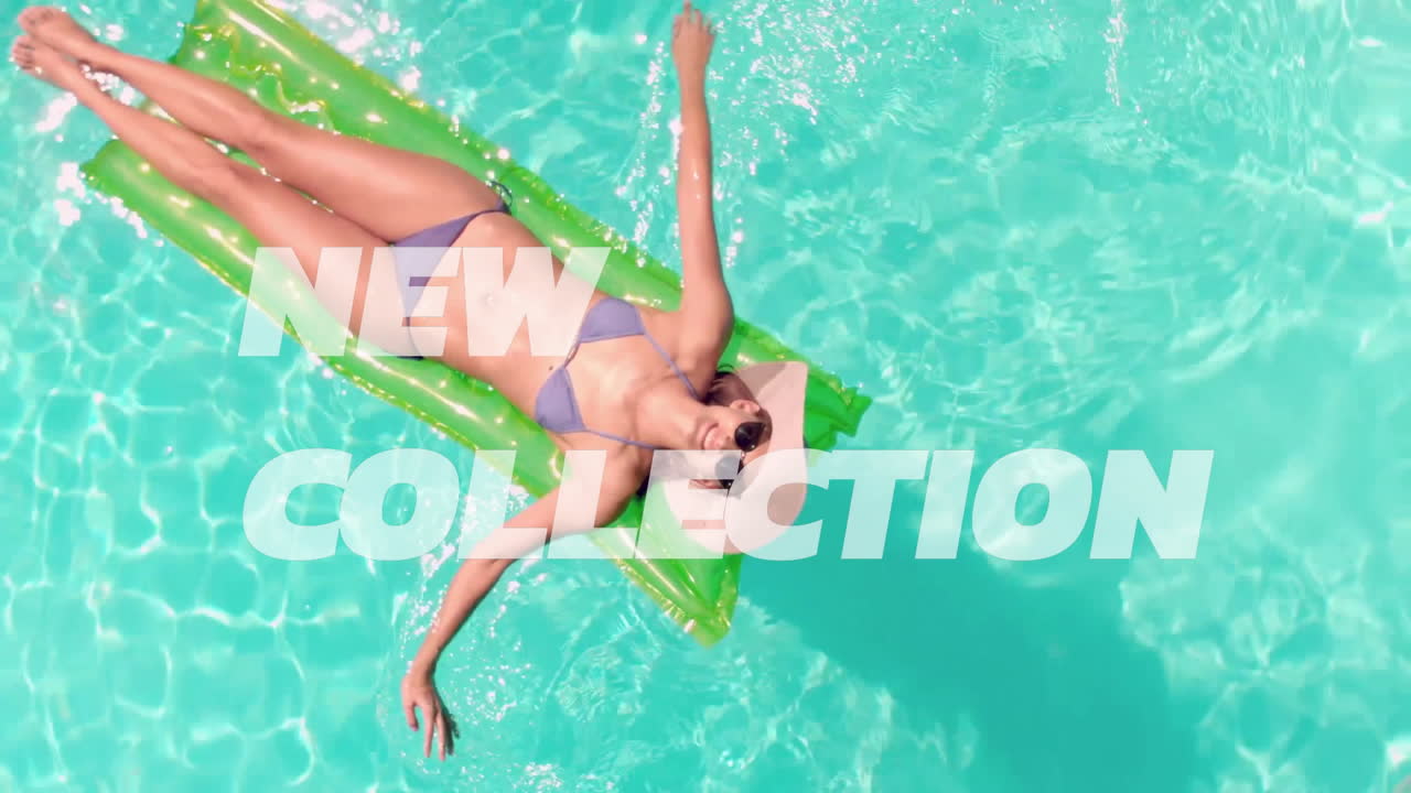 Relaxing on pool float, woman enjoying new collection animation in water