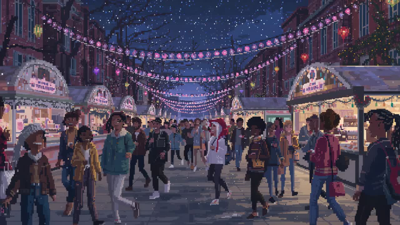 Walking crowd moving along night market stalls, lights turning on, coat-clad shoppers seeking gifts