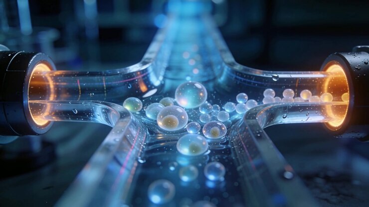 Channeling clear cross channel in lab drawing beads from right inlet, carrying cluster down channel