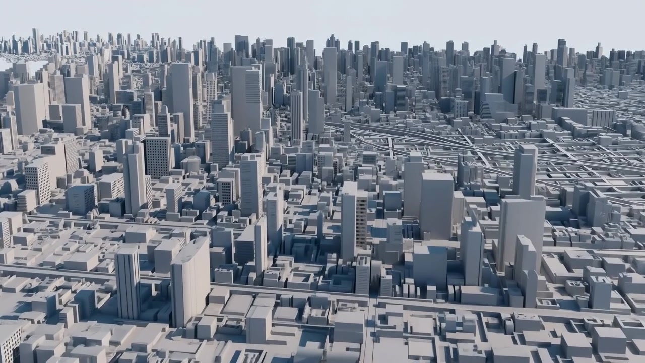 多くの高層ビル、タワー、住宅街がフレームいっぱいに広がる、密集した都市景観の広角の俯瞰図。柔らかな日中の光が降り注ぐ。