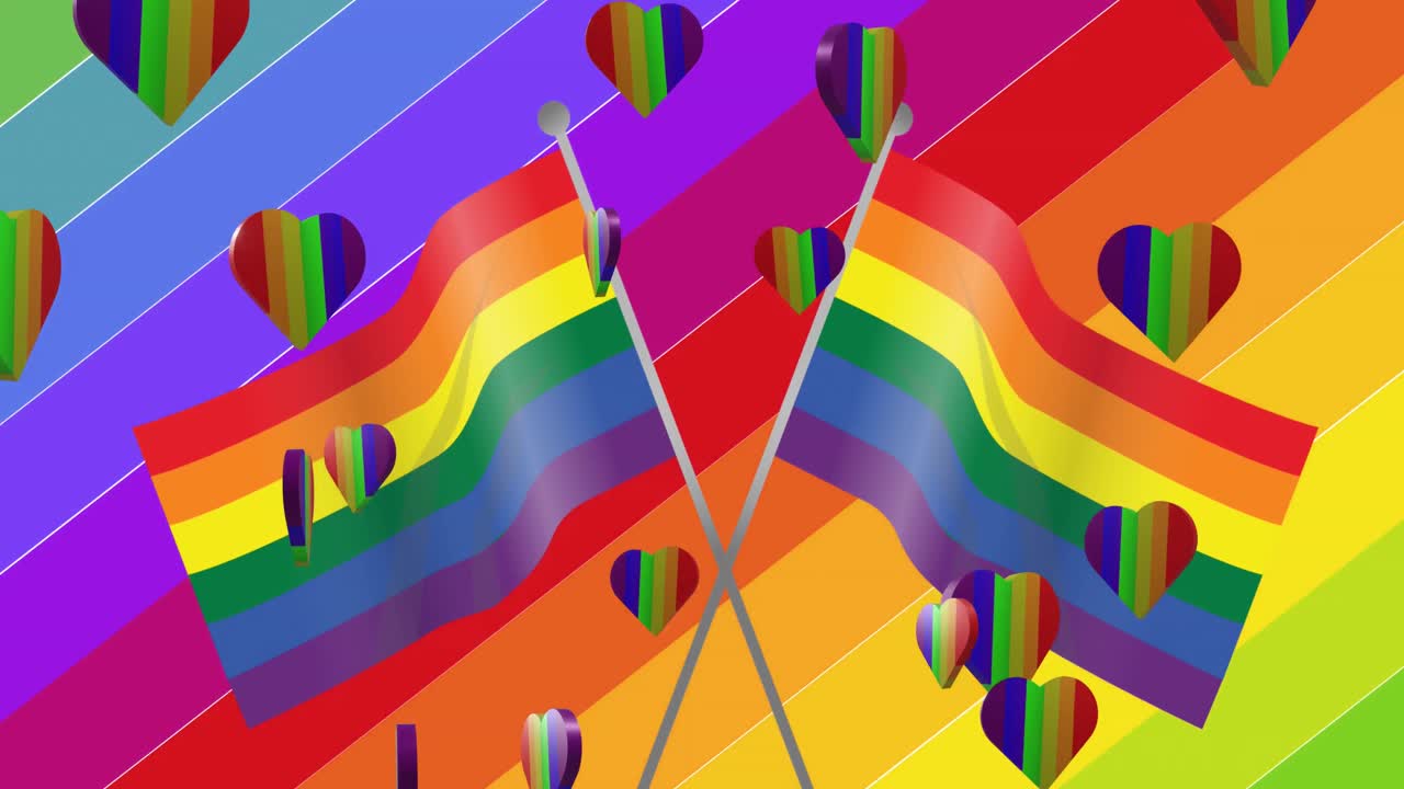 animación de corazones arco iris y banderas en un fondo colorido.