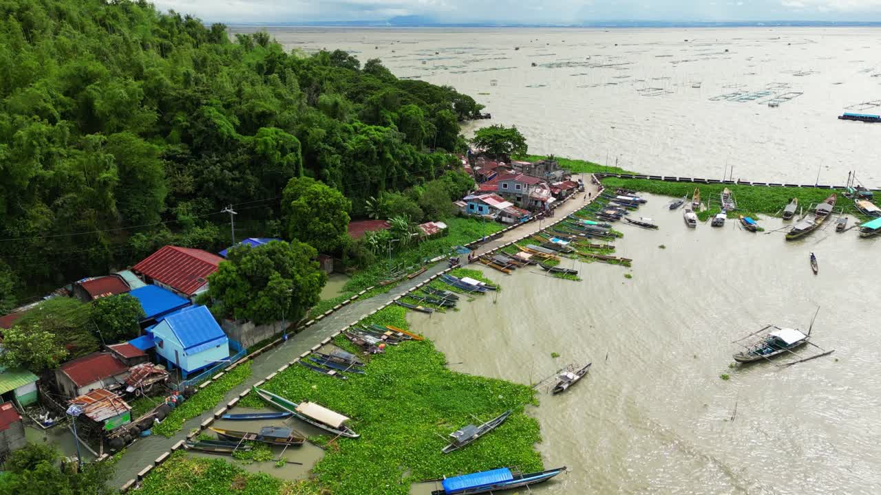 Drone shot shows lakeside Philippine village with docked boats, colorful rooftops, and floating vegetation beside forested hills under cloudy skies
