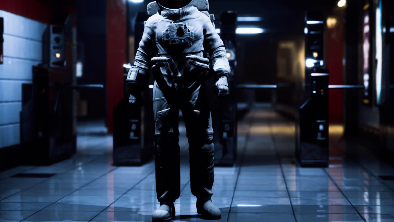 Astronaut figure stands in empty corridor of a futuristic station at night