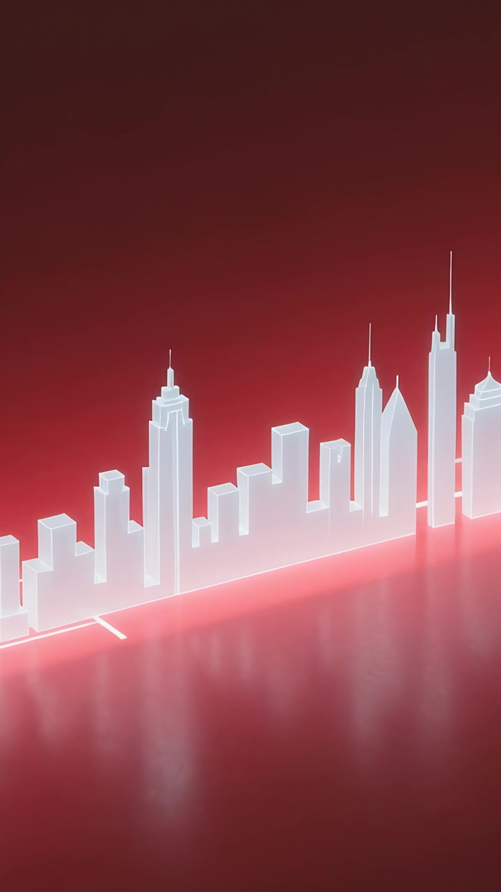 Video verticale: In riproduzione, skyline che pulsa e si sposta a destra con riflesso su studio rosso per l'atmosfera.