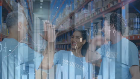 animation of statistics and financial data processing over people high fiving in warehouse