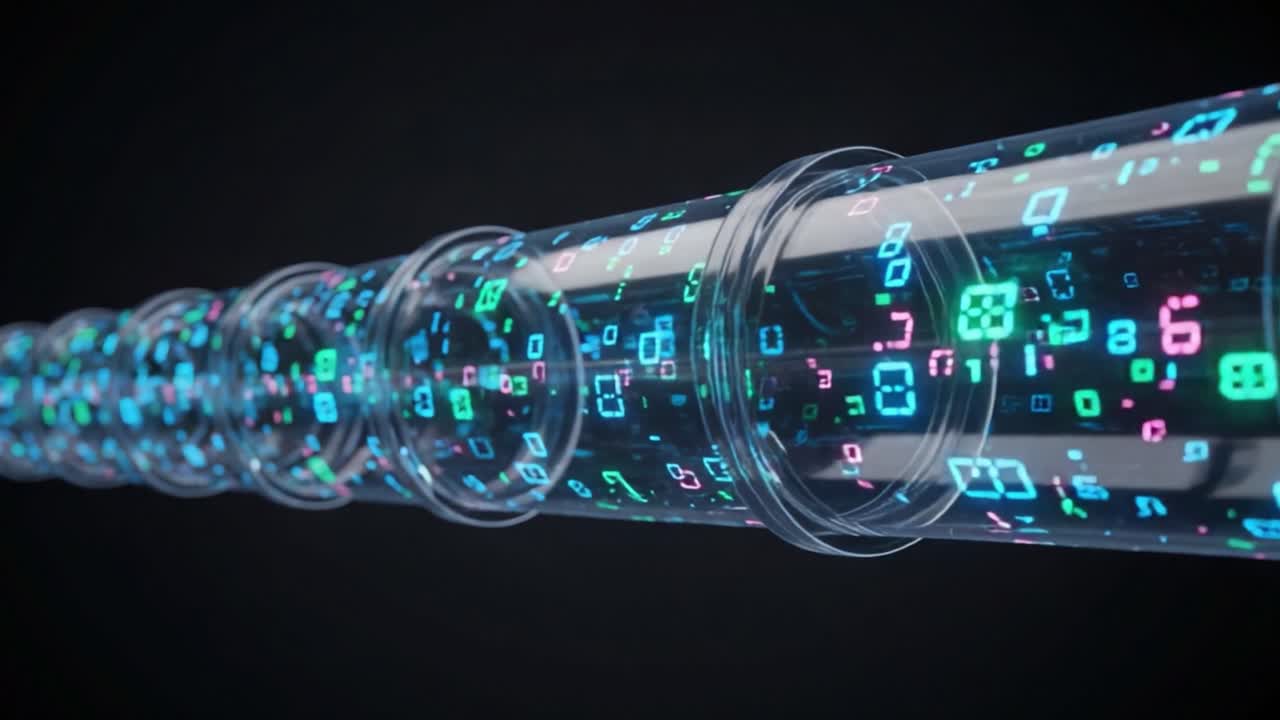 A futuristic representation of a transparent tube filled with glowing digital data and patterns, showcasing the integration of technology and abstraction in modern design