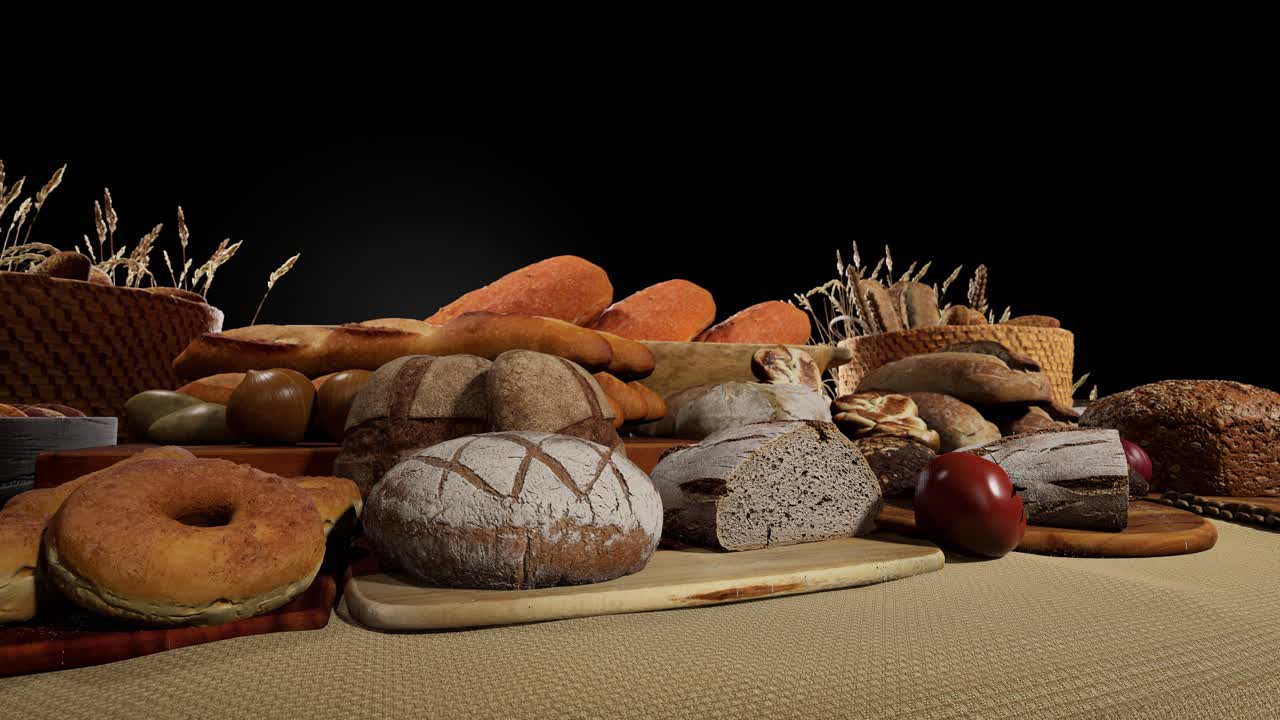 Different Types Of Fresh Bread On Table, Black Background