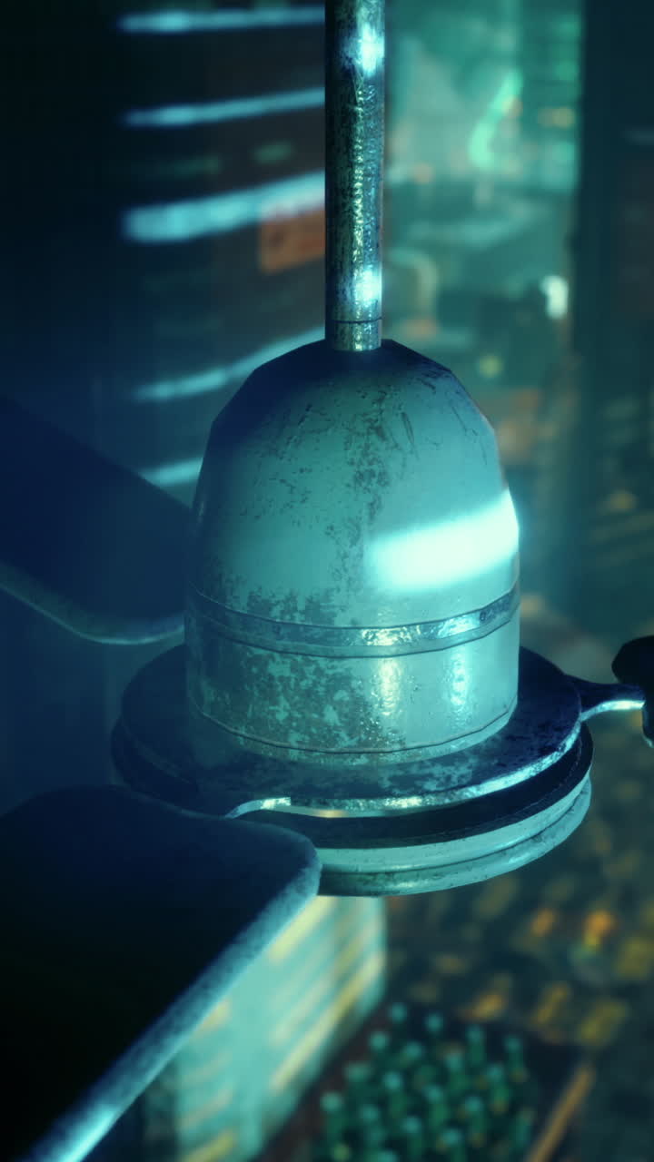 Fan spins in a futuristic cityscape filled with vibrant lights at night