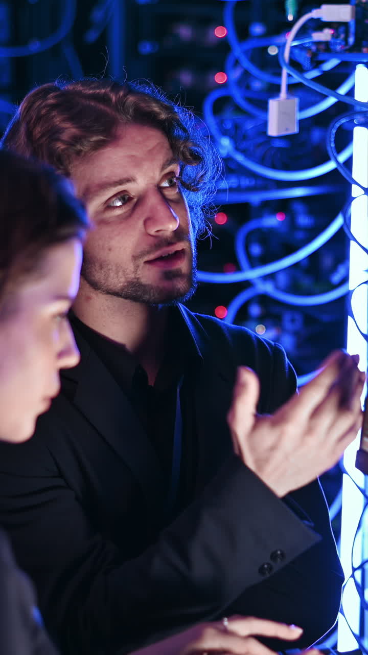 A man and a woman analysing data in a server room. Vertical