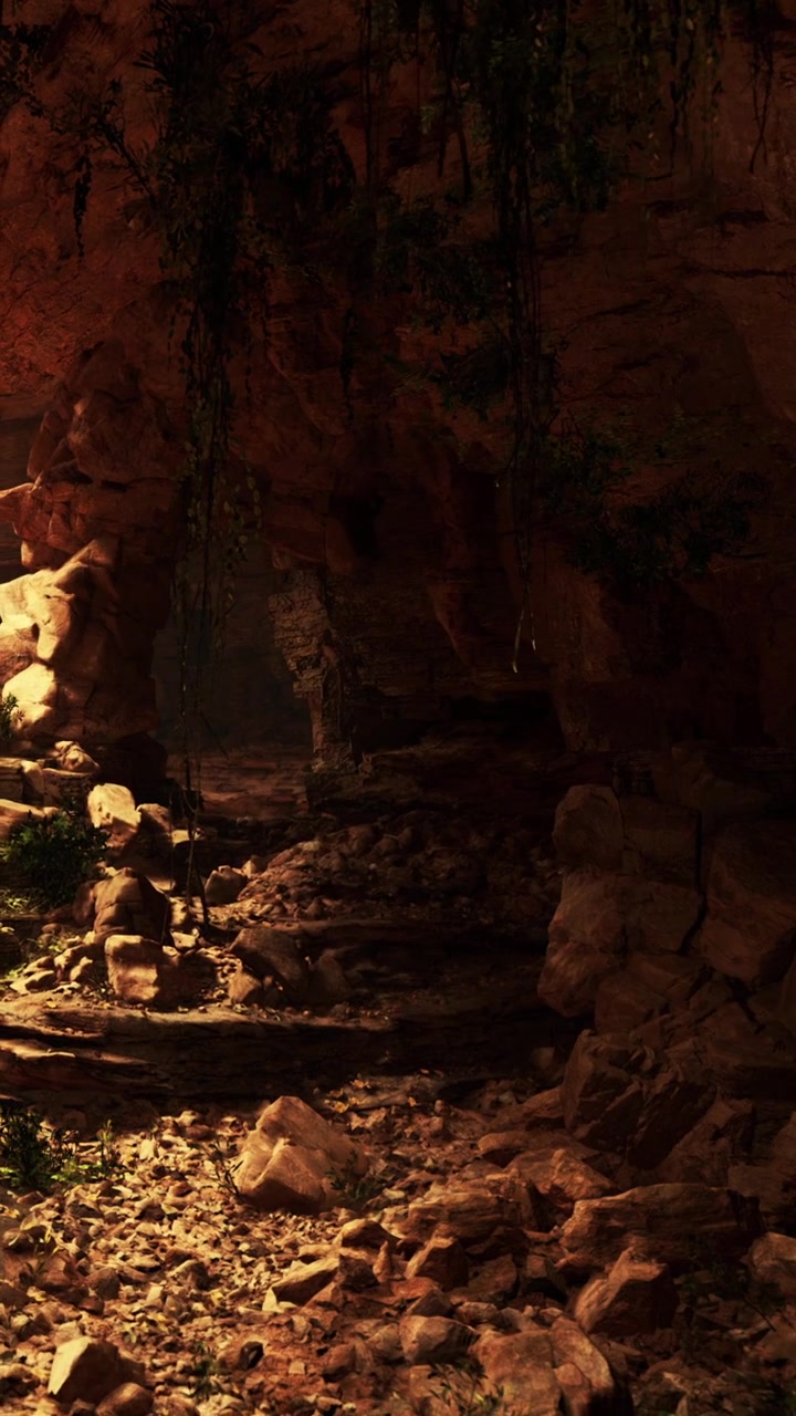 Esplorando una grotta rocciosa con la luce del sole che filtra e piante nelle vicinanze